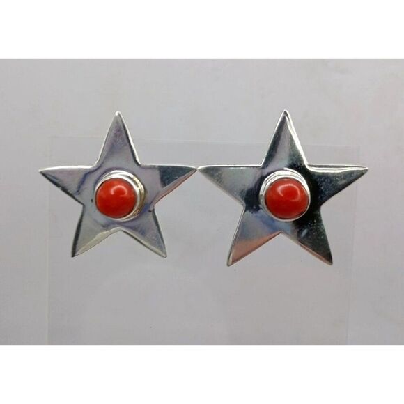 Handmade Sterling Silver Red Orange Coral Star Earrings Spiky Studs - Picture 1 of 3